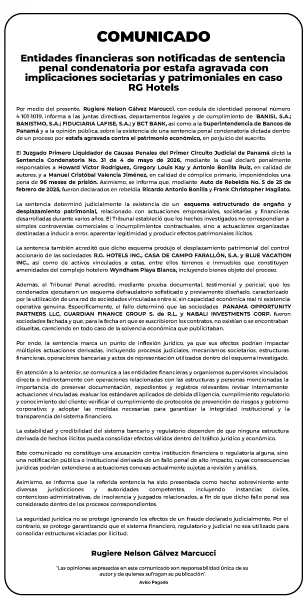 Comunicado institucional sobre sentencia penal condenatoria en caso RG Hotels