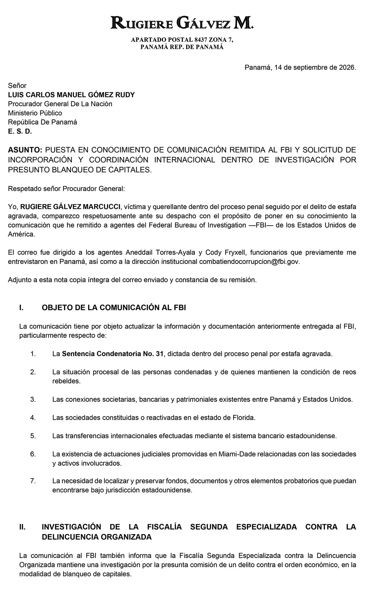 Vista previa de la comunicación dirigida al Procurador General de la Nación